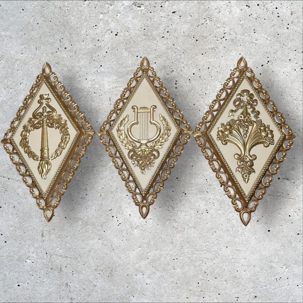Vintage Homco Hollywood Regency style Gold and tan Diamond Wall Plaques 1971 (3)